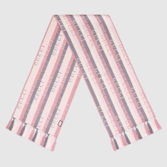 Gucci Scarf Wool Stripes Logo GG Barbie Pink - Picture 1 of 11